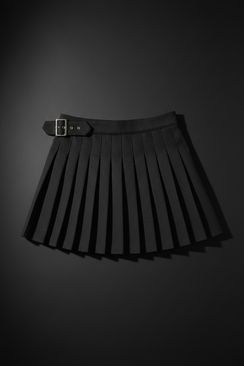 Black pleated mini skirt with subtle pinstripe texture and silver-tone buckle detail on a dark studio background