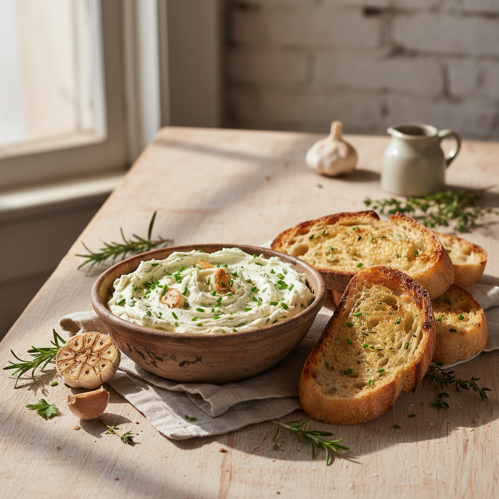 Bowl of pesto garlic cream cheese spread with toasted bread