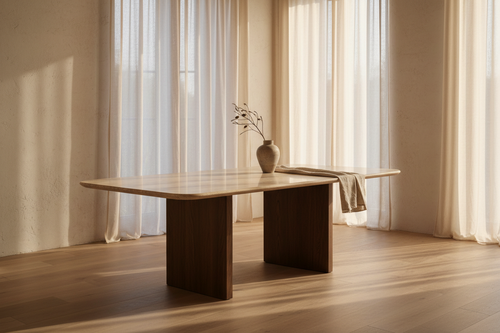 Sculptural ivory travertine dining table with a smoked oak pedestal in a warm contemporary interior
