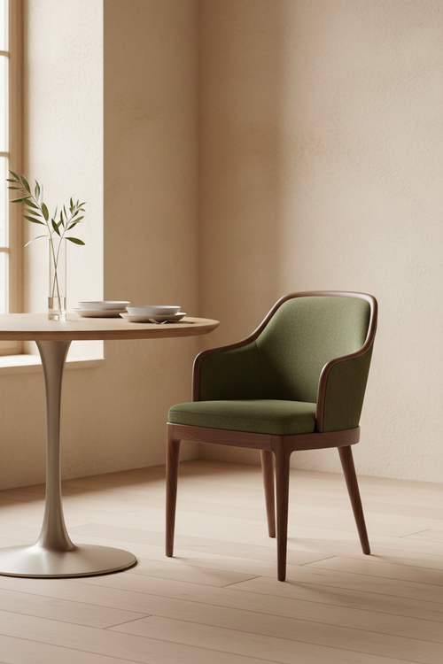 Olive bouclé dining chair with a curved walnut frame in a warm contemporary interior