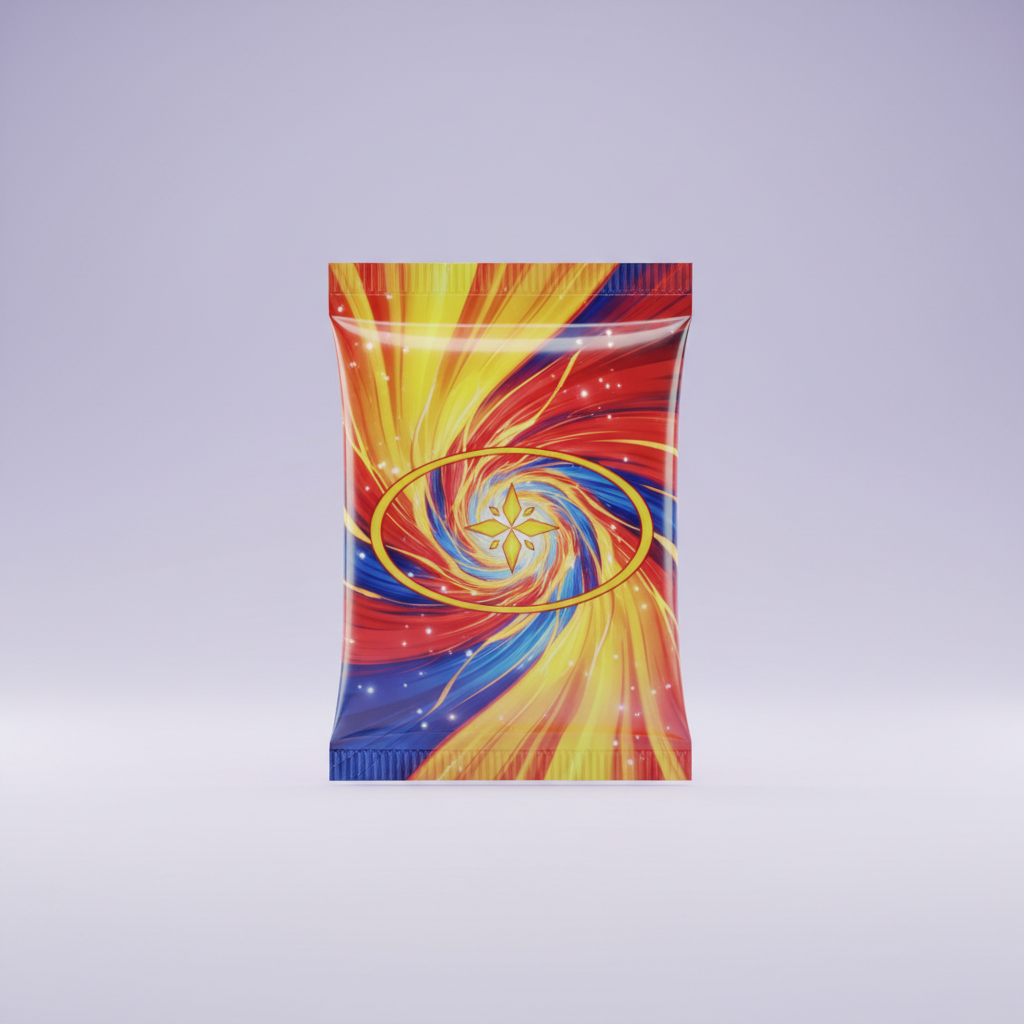 Sealed Pokémon trading card booster pack on a light lavender background with colorful accents
